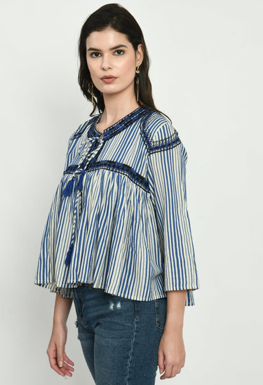 Embroidered Top With Tassel Neck Tie - RueCollections